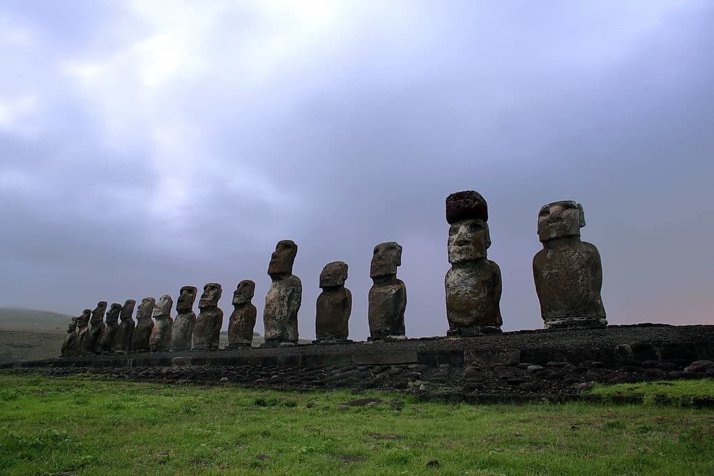 View of Moais -- stone statues of the Rapa Nui culture -- on the Ahu Tongariki site on Easter Island, 3700 km off the Chilean coast in the Pacific Ocean, on August 12, 2013. AFP PHOTO / GREGORY BOISSY (Photo credit should read GREGORY BOISSY/AFP/Getty Images)