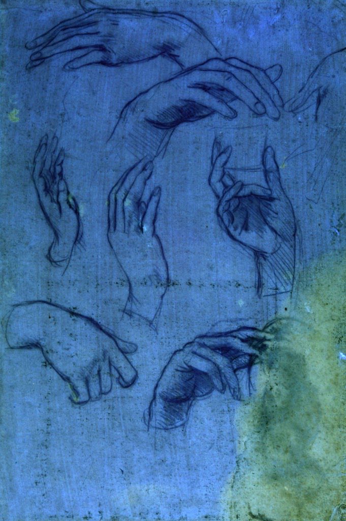 The Queen's Gallery, Buckingham Palace, London Studies of hands for the Adoration of the Magi â sheet 1 under ultraviolet light, c.1481, metalpoint (faded) on pink prepared paper Royal Collection Trust / (c) Her Majesty Queen Elizabeth II 2018 For single use only in connection with the 'Leonardo da Vinci: A Life in Drawing' exhibitions, which will open simultaneously at 12 museums and galleries across the UK in February 2019, followed by two further exhibitions at The Queen's Galleries in London and Edinburgh. Not to be archived or sold on.