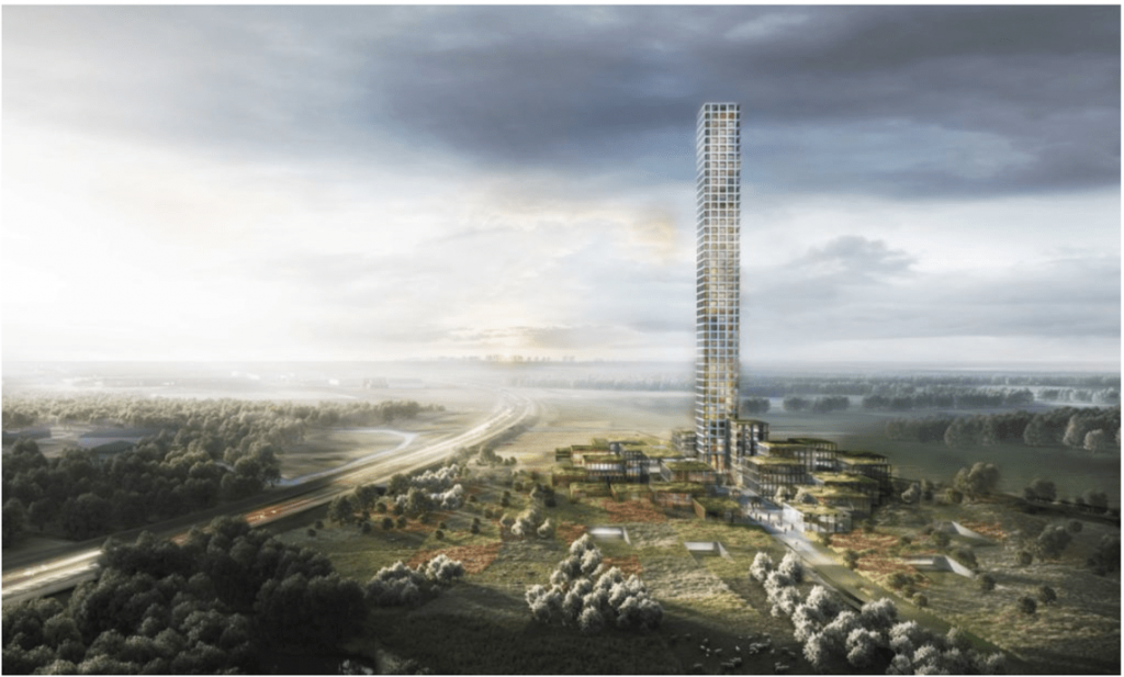 (Un rendering del progetto Bestseller's Tower and Village a Brande, in Danimarca, che diventerà l'edificio più alto d'Europa. Immagine gentilmente concessa da Dorte Mandrup / Bestseller.)