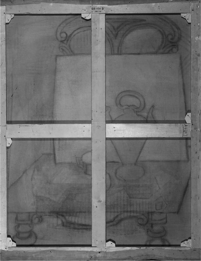 Immagine a infrarossi del retro di Still Life di Picasso che mostra le tracce della prima composizione: una natura morta neoclassica. Per gentile concessione dell'Art Institute of Chicago.