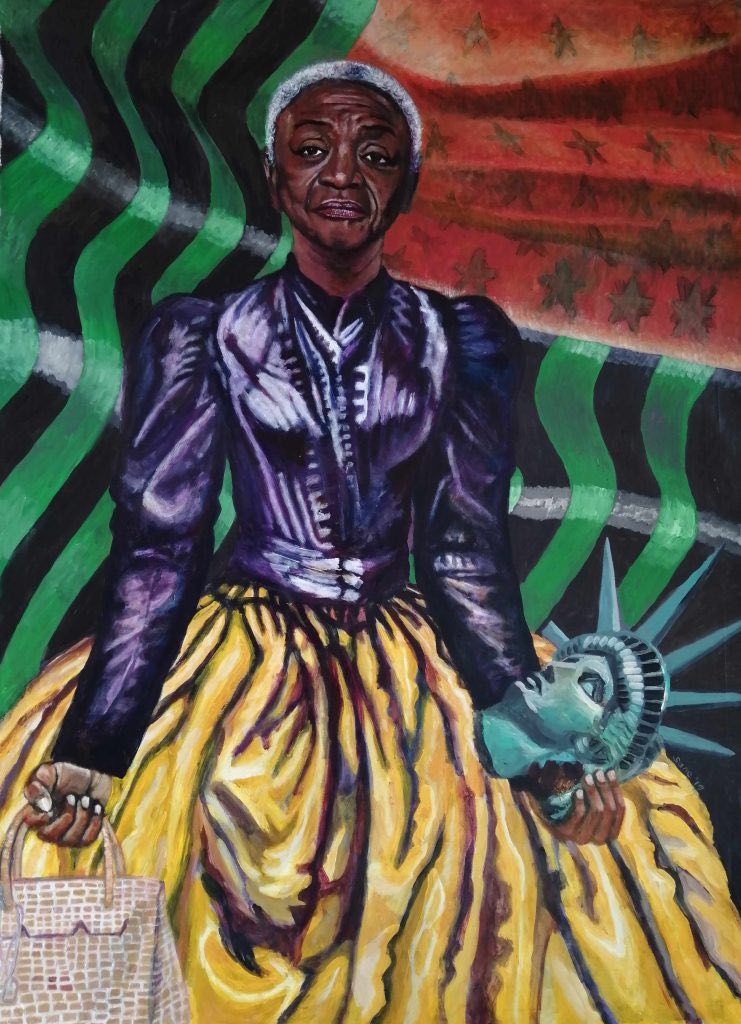Eria Sane Nsubuga, Queen Faith (Ringgold) con in mano una borsa Hermes Birkin e una testa di Libertas (2019). Per gentile concessione Afriart Gallery.