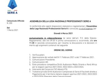 Lega Calcio, assemblea giovedì 4 marzo su fondi e diritti tv