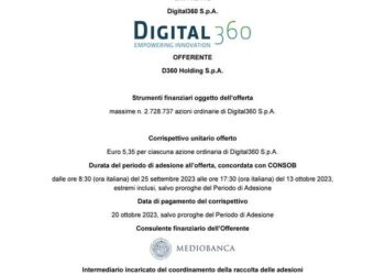 Parte oggi l’opa su Digital360, che si chiuderà il prossimo 13 ottobre