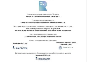 Al via il 19 agosto l’opa su Alkemy a 12 euro per azione, promossa da Retex (FSI)