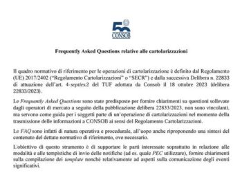 Cartolarizzazioni, Consob pubblica le FAQ per gli operatori