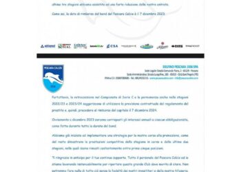 Pescara Calcio, al via oggi il rimborso agli obbligazionisti che avevano sottoscritto il bond da 2,38 mln emesso nel 2018