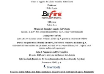 Bifire, al via l’opa promossa dai soci di riferimento con il supporto di EquilibraX. Si chiude il 17 aprile